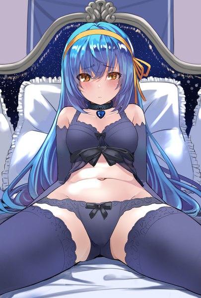 Anime picture 1604x2373 with original mi-ke nonh (wormoftank) single long hair tall image looking at viewer blush fringe breasts light erotic hair between eyes bare shoulders brown eyes payot blue hair indoors bare belly spread legs embarrassed