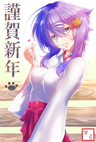 Anime picture 1181x1748 with sword art online a-1 pictures asada shino raipen single tall image looking at viewer fringe short hair blue eyes hair between eyes purple hair traditional clothes parted lips japanese clothes new year nengajou finger heart girl heart