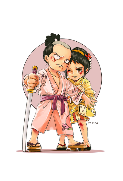 Anime picture 1091x1600 with one piece toei animation momonosuke (one piece) tama (one piece) k164 tall image short hair black hair simple background standing white background holding brown eyes signed looking away full body ponytail traditional clothes japanese clothes one eye closed