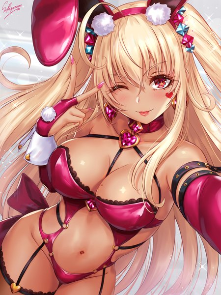 Anime picture 1000x1333 with original sakiyamama single long hair tall image looking at viewer blush fringe breasts light erotic blonde hair smile hair between eyes red eyes large breasts standing bare shoulders signed animal ears cleavage