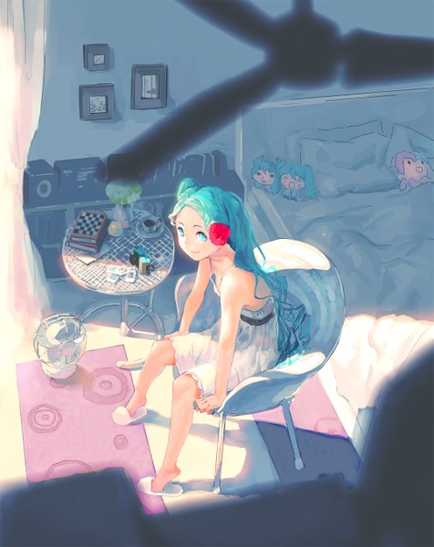 Anime picture 1075x1355 with vocaloid hatsune miku megurine luka takoluka hachune miku ekao single long hair tall image smile twintails hair flower aqua eyes aqua hair girl hair ornament bed chair sundress table