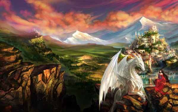 Anime picture 1600x1011 with original anndr (artist) long hair black hair sitting bare shoulders sky cloud (clouds) very long hair profile pointy ears city mountain landscape face to face fantasy rock lake panorama girl