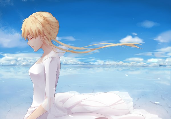 Anime picture 1200x839 with aldnoah.zero a-1 pictures asseylum vers allusia windblownchestnut single long hair blonde hair sky cloud (clouds) eyes closed profile horizon girl dress white dress