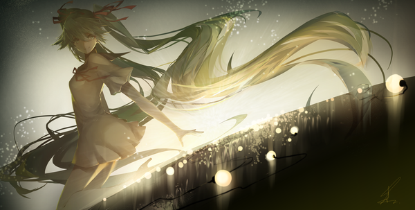 Anime picture 2479x1255 with vocaloid hatsune miku saihate (d3) single fringe highres smile wide image green eyes signed looking away bent knee (knees) very long hair looking back multicolored hair green hair short sleeves light gradient hair girl