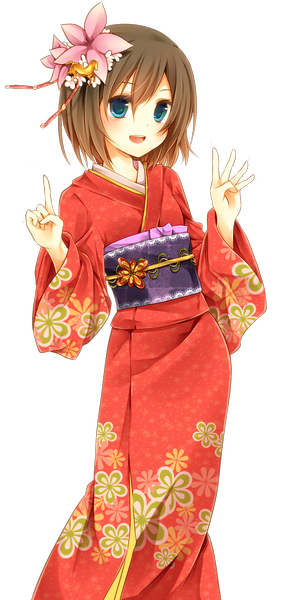 Anime picture 1237x2611 with original yonema single tall image blush short hair open mouth blue eyes brown hair traditional clothes japanese clothes hair flower transparent background girl hair ornament flower (flowers) kimono obi