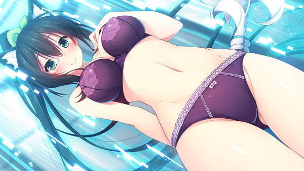 Anime picture 1280x720 with aristear remain astronauts comet himeno haruka rozea (graphmelt) kokusan moyashi single long hair looking at viewer blush fringe breasts light erotic black hair smile hair between eyes wide image large breasts bare shoulders green eyes animal ears