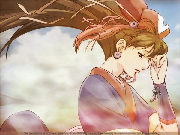Anime picture 1600x1200 with samurai 7 gonzo kirara afwells single long hair brown hair brown eyes signed looking away parted lips profile wind dated vector third-party edit fog girl earrings headdress