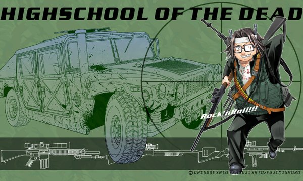 Anime picture 1280x768 with highschool of the dead madhouse hirano kohta black hair smile wide image grin running fat weapon glasses gun ground vehicle car rifle hachimaki