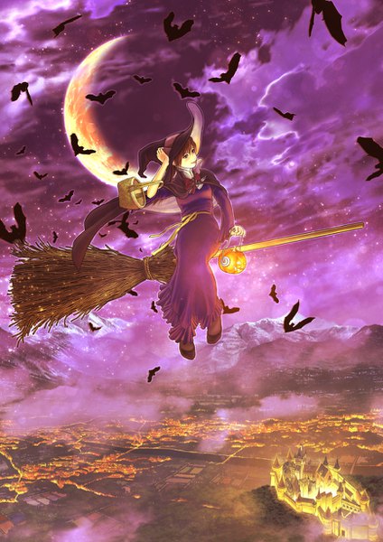 Anime picture 868x1228 with original kun52 long hair tall image blush brown hair brown eyes head tilt night night sky city cityscape mountain halloween witch crescent city lights broom riding panorama girl