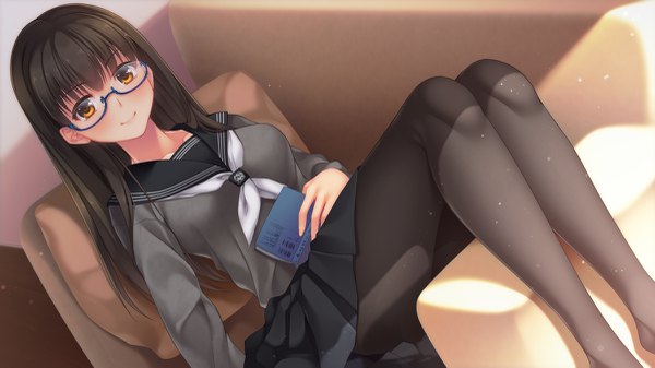 Anime-Bild 1200x675 mit original imachireki single long hair looking at viewer blush fringe breasts smile brown hair wide image holding brown eyes pleated skirt sunlight sunbeam girl skirt uniform pantyhose