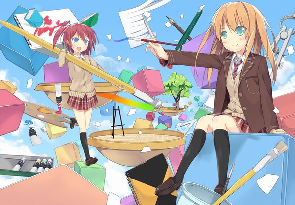 Anime picture 1700x1185 with original sutorora long hair open mouth blue eyes blonde hair smile sitting multiple girls green eyes sky cloud (clouds) ponytail red hair running girl uniform ribbon (ribbons) 2 girls plant (plants)