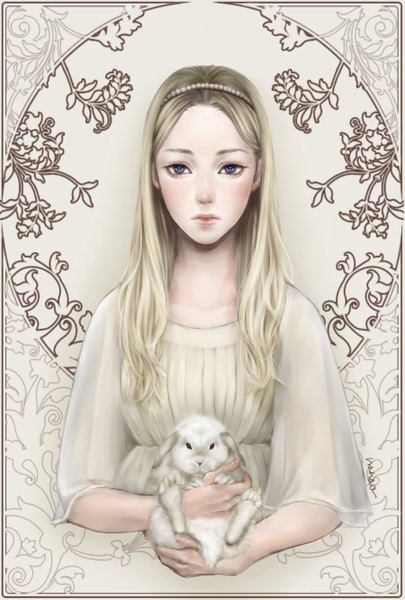 Anime picture 1800x2664 with original nanao (artist) single long hair tall image looking at viewer blush highres blue eyes blonde hair holding signed realistic framed freckles girl hair ornament animal beads bunny