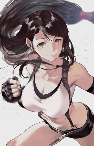 Anime picture 655x1019 with final fantasy final fantasy vii square enix tifa lockhart salmon88 single long hair tall image looking at viewer blush fringe breasts light erotic simple background smile hair between eyes brown hair large breasts brown eyes cleavage