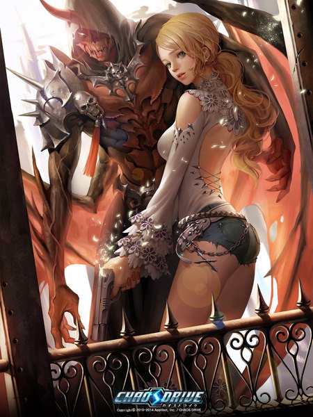 Anime picture 1500x2000 with chaos drive tagme (character) soo kyung oh long hair tall image looking at viewer breasts light erotic blonde hair standing bare shoulders holding ass nail polish parted lips looking back horn (horns) fingernails lips from behind