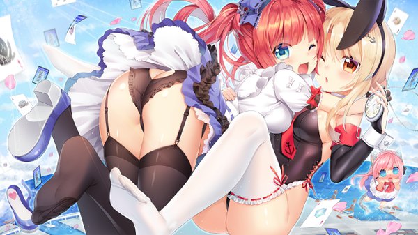 イラスト 2560x1440 と オリジナル mvv 長髪 赤面 highres おっぱい 開いた口 青い目 light erotic 金髪 wide image multiple girls 茶目 獣耳 尻 赤髪 one eye closed うさみみ no shoes legs