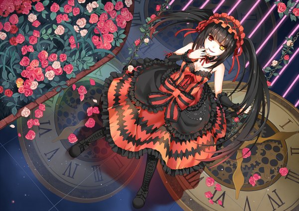 Anime picture 1500x1060 with date a live tokisaki kurumi greetload long hair looking at viewer black hair smile twintails heterochromia finger to mouth uneven twintails girl dress flower (flowers) bow petals boots frills chain clock