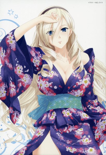 Anime picture 2374x3476 with walkure romanze celia kumani entory single tall image looking at viewer fringe highres breasts blue eyes light erotic simple background blonde hair large breasts white background bare shoulders cleavage traditional clothes japanese clothes scan official art