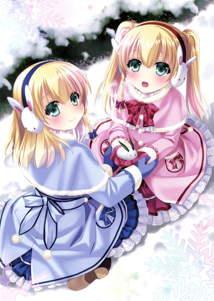Anime picture 2489x3500 with original morisaki kurumi long hair tall image looking at viewer blush highres open mouth blue eyes blonde hair twintails multiple girls scan official art girl dress 2 girls mittens earmuffs