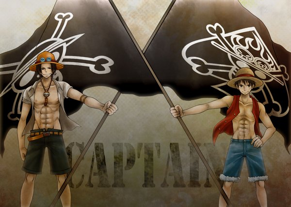 Anime picture 2000x1429 with one piece toei animation monkey d. luffy portgas d. ace fumita (artist) highres short hair black hair standing open clothes hand on hip skull and crossbones boy hat shorts pendant vest straw hat flag