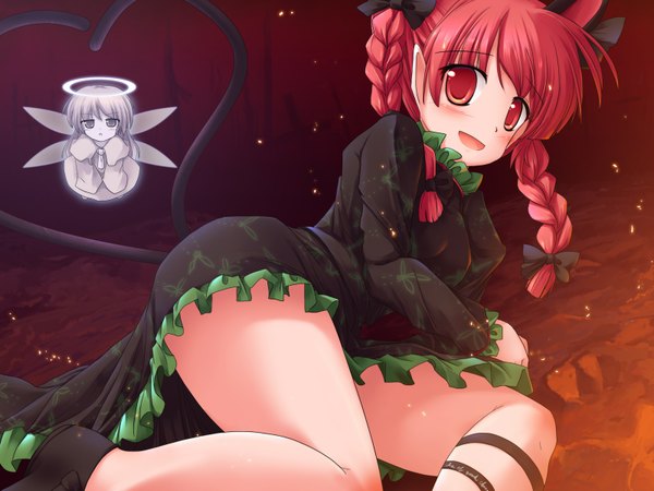 Anime picture 1600x1200 with touhou kaenbyou rin lzh long hair light erotic red eyes animal ears red hair braid (braids) animal tail cat ears cat tail extra ears angel girl halo