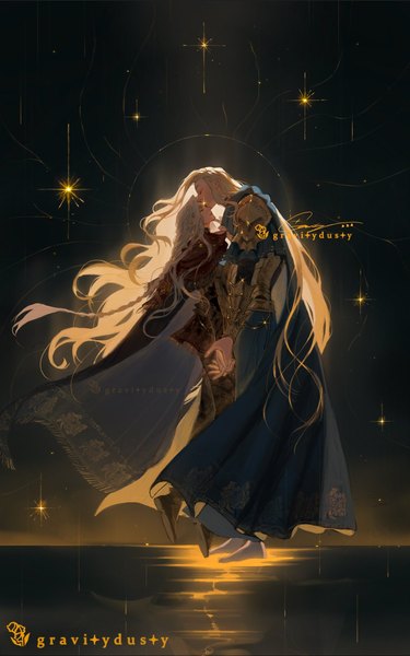 Anime picture 1174x1878 with elden ring tarnished (elden ring) godwyn the golden gravitydusty long hair tall image blonde hair standing signed silver hair full body eyes closed kiss forehead kiss girl boy armor
