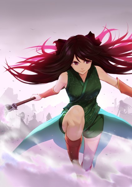 Anime picture 2480x3507 with original exe336 long hair tall image highres brown hair brown eyes sleeveless floral print smoke leg lift (legs lift) silhouette girl bow hair bow shorts boots people polearm