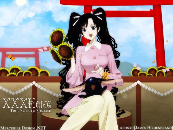 Anime picture 1280x960 with xxxholic clamp mokona kunogi himawari james hildenbrand (redxxii) single long hair open mouth black hair smile sitting sky cloud (clouds) very long hair curly hair girl dress flower (flowers) insect butterfly