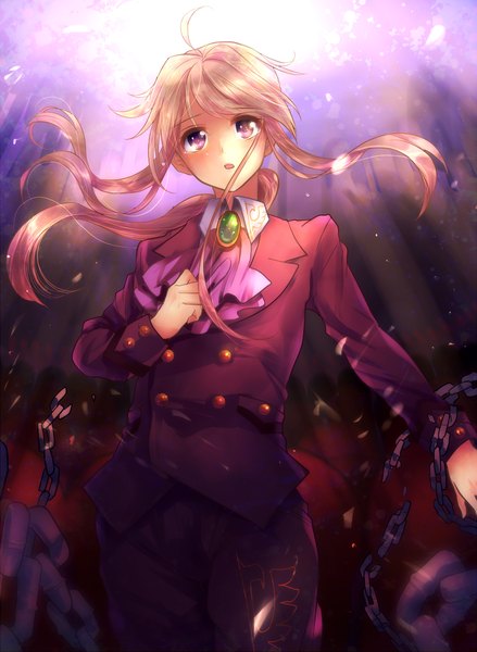 Anime picture 1000x1366 with umineko no naku koro ni ushiromiya lion tanada single long hair tall image looking at viewer open mouth blonde hair purple eyes androgynous boy chain