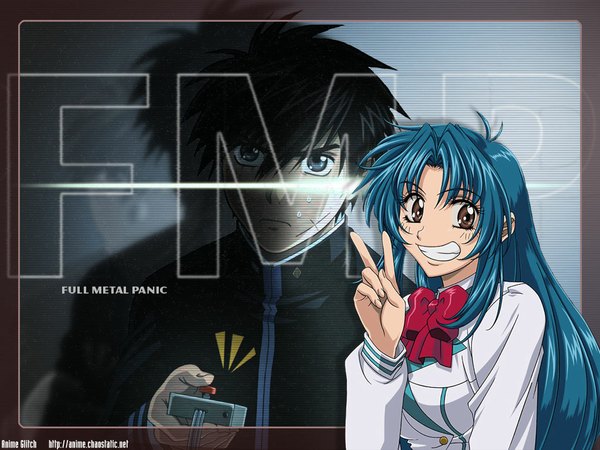 Anime picture 1024x768 with full metal panic! gonzo chidori kaname sagara sousuke smile brown eyes blue hair wallpaper victory uniform school uniform