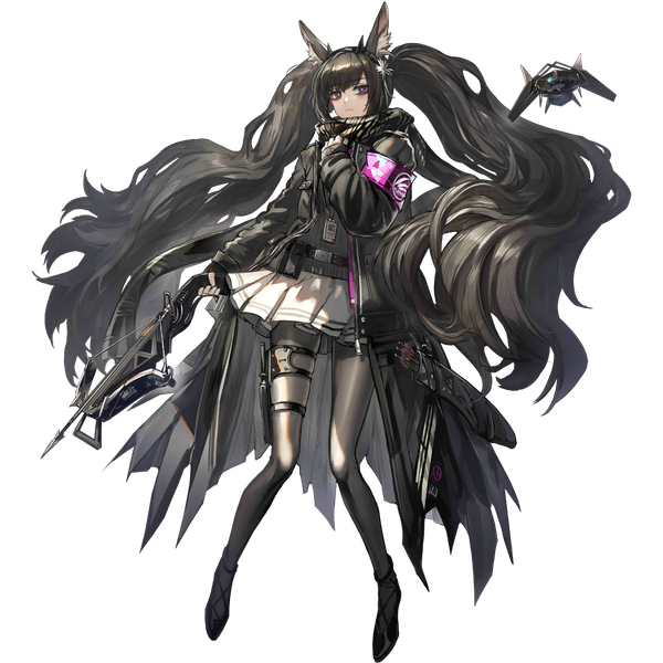Anime picture 1024x1024 with arknights moschi (arknights) ryuuzaki ichi single long hair fringe black hair standing purple eyes twintails animal ears full body pleated skirt official art transparent background girl skirt weapon miniskirt pantyhose