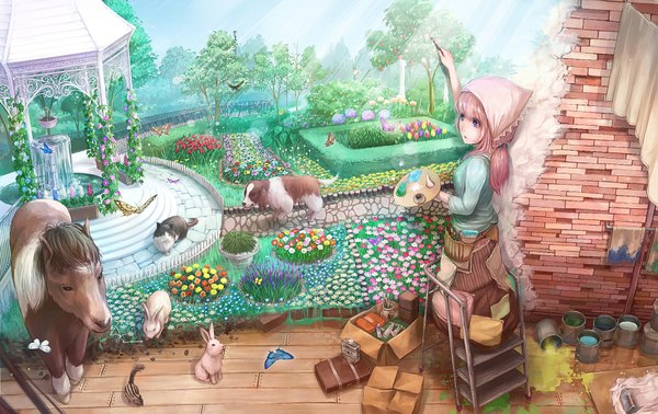 Anime picture 2000x1263 with original lif (lif-ppp) long hair highres purple eyes pink hair sky sunlight flower (flowers) plant (plants) animal tree (trees) insect butterfly cat fence bunny wall dog room