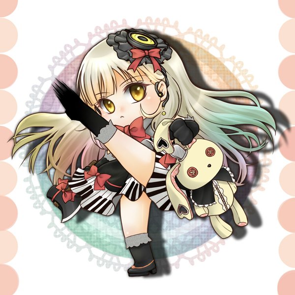 Anime picture 1000x1000 with vocaloid mayu (vocaloid) usano mimi tagme (artist) single long hair looking at viewer blush blonde hair yellow eyes chibi girl dress bow toy stuffed animal axe