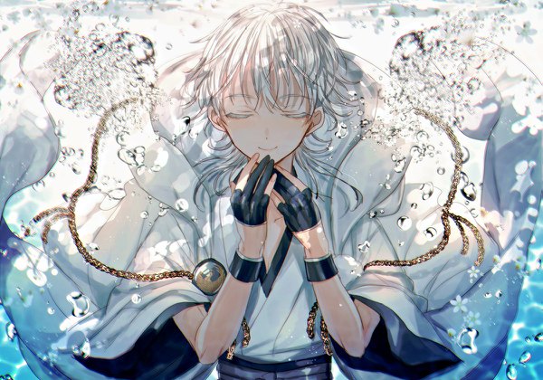 Anime picture 1200x840 with touken ranbu nitroplus tsurumaru kuninaga abandon ranka single long hair smile silver hair upper body eyes closed underwater boy gloves bubble (bubbles) partly fingerless gloves