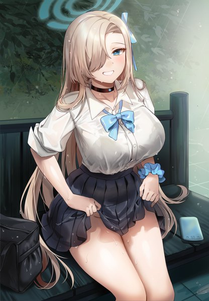 Anime picture 1250x1805 with blue archive asuna (blue archive) gijang single long hair tall image looking at viewer blush fringe breasts blue eyes light erotic blonde hair smile large breasts sitting outdoors pleated skirt hair over one eye wet