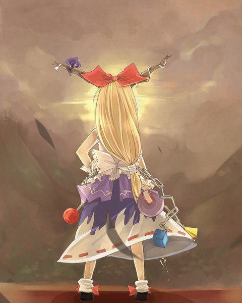 Anime picture 800x1000 with touhou ibuki suika tian (my dear) single long hair tall image blonde hair standing horn (horns) from behind sleeveless hand on hip landscape girl bow ribbon (ribbons) hair bow shoes leaf (leaves) wrist cuffs