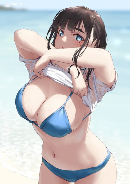 Anime picture 800x1131 with original aya (jonsun) jonsun single long hair tall image looking at viewer blush fringe breasts open mouth blue eyes light erotic brown hair large breasts standing payot cleavage outdoors blurry