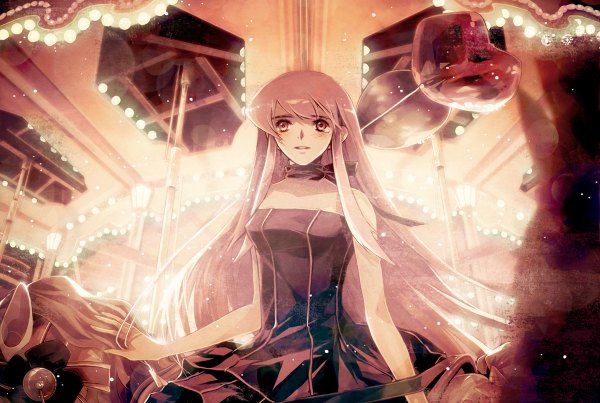 Anime picture 1200x806 with vocaloid megurine luka chris (pixiv) single long hair blush red eyes bare shoulders pink hair tears girl dress carousel