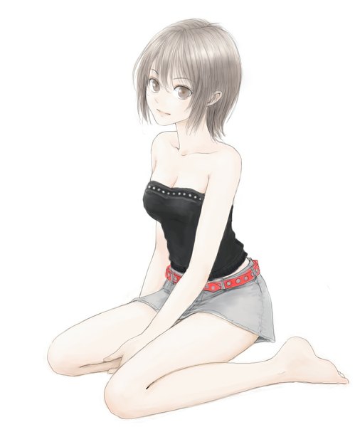 Anime picture 923x1110 with original erurodo (artist) single tall image looking at viewer short hair simple background brown hair white background sitting bare shoulders brown eyes barefoot light smile bare legs girl skirt miniskirt