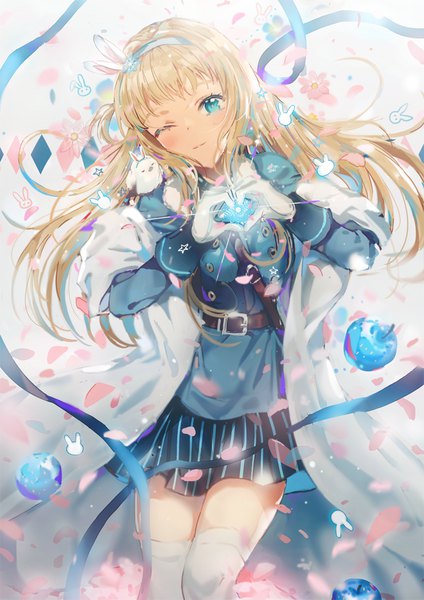 Anime picture 740x1047 with girls frontline suomi kp31 (girls frontline) dangmill single long hair tall image looking at viewer blush fringe blue eyes blonde hair standing head tilt one eye closed wink one side up heart hands animal on shoulder bird on shoulder girl