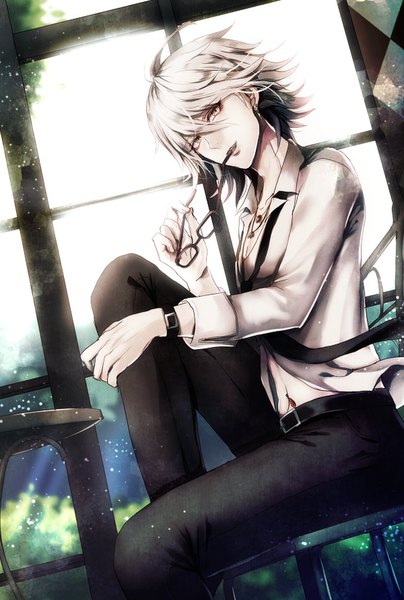 Anime picture 673x1000 with dangan ronpa super dangan ronpa 2 komaeda nagito z-epto (chat-noir86) single tall image looking at viewer fringe short hair open mouth hair between eyes sitting holding silver hair ahoge bent knee (knees) indoors head tilt midriff open shirt