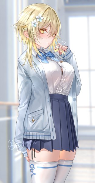 Anime picture 3500x6700 with genshin impact lumine (genshin impact) pottsness single tall image looking at viewer blush fringe highres short hair breasts blonde hair hair between eyes standing signed yellow eyes absurdres indoors long sleeves profile