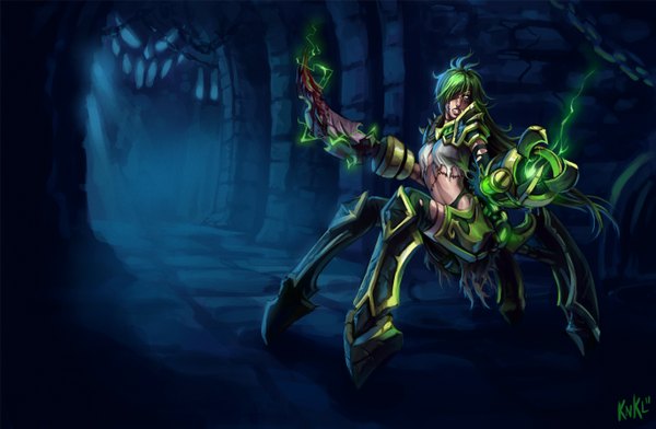 Anime picture 1369x895 with league of legends urgot (league of legends) knockwurst single long hair looking at viewer fringe green hair hair over one eye genderswap monster girl blank eyes girl weapon stitches