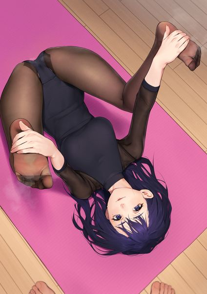 Anime-Bild 2894x4093 mit miru tights nakabeni yua beeeeen long hair tall image looking at viewer fringe highres breasts open mouth light erotic purple eyes purple hair indoors lying from above mole on back sweat no shoes