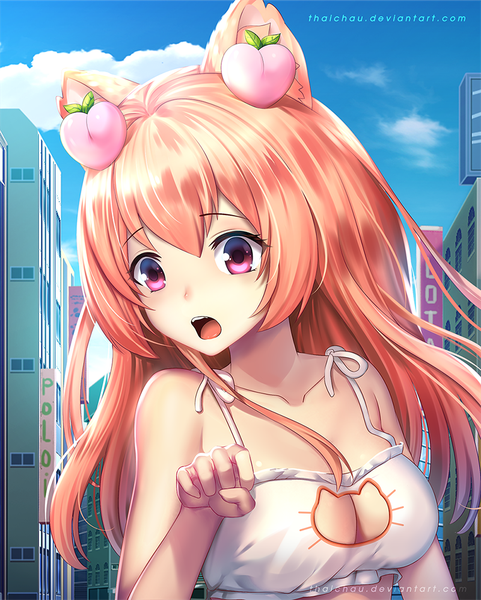 Anime picture 800x996 with original riiya (mabong1989) single long hair tall image blush fringe breasts open mouth light erotic hair between eyes bare shoulders signed animal ears looking away sky cloud (clouds) upper body outdoors pink eyes
