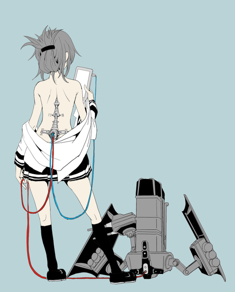 Anime picture 808x1004 with kantai collection inazuma destroyer boushi-ya single tall image short hair light erotic simple background bare shoulders ponytail grey hair open clothes topless blue background mecha musume spot color girl skirt miniskirt socks