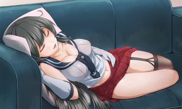 Anime picture 1600x965 with kantai collection agano light cruiser urigarasu single long hair breasts open mouth light erotic black hair wide image large breasts bare shoulders cleavage eyes closed light smile sleeping girl thighhighs skirt gloves
