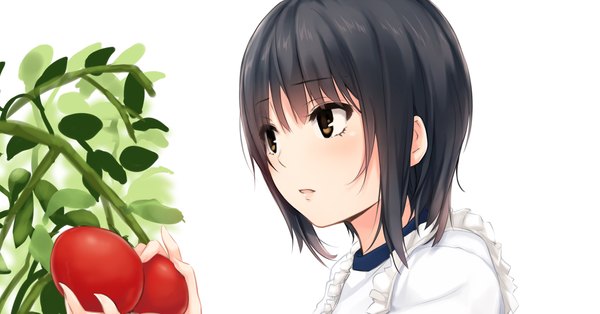 Anime picture 1999x1049 with original aoyama sumika coffee-kizoku single highres short hair open mouth black hair simple background wide image white background brown eyes looking away girl vegetables tomato