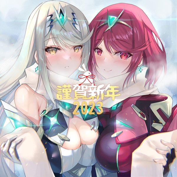 Anime picture 1200x1200 with xenoblade xenoblade 2 pyra (xenoblade) mythra (xenoblade) inoue takuya (tactactak) long hair looking at viewer blush short hair breasts light erotic blonde hair smile red eyes large breasts multiple girls yellow eyes cleavage upper body red hair