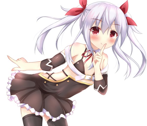Anime picture 875x750 with azur lane vampire (azur lane) kedama (kedama akaza) single long hair looking at viewer blush fringe light erotic simple background smile hair between eyes red eyes white background twintails bare shoulders silver hair pleated skirt fang (fangs) leaning