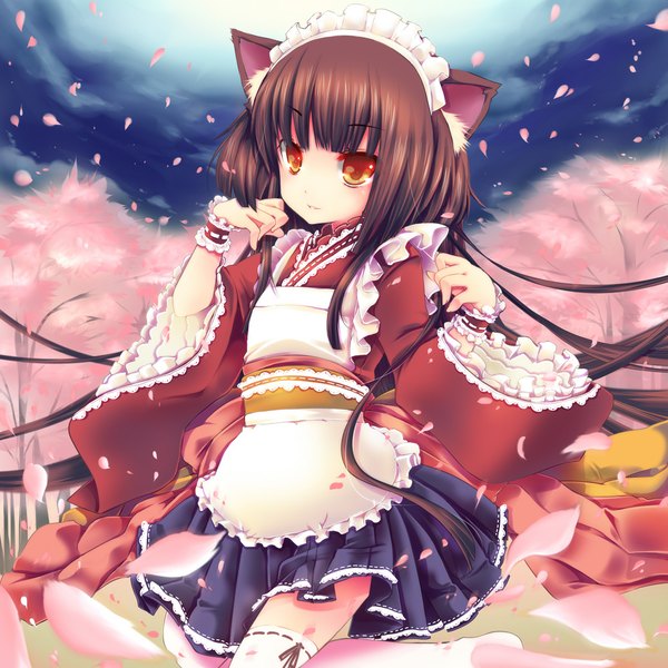 Anime picture 1000x1000 with original ichiru (artist) single long hair brown hair brown eyes animal ears sky cloud (clouds) cat ears maid cat girl cherry blossoms girl thighhighs uniform plant (plants) petals white thighhighs tree (trees)